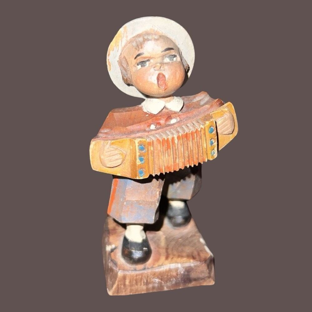 Vintage Italian Anri Hand Carved Wood Figurine Child Playing Accordian 3" B9